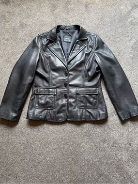 Classic Black Leather Button-Front Women's Jacket